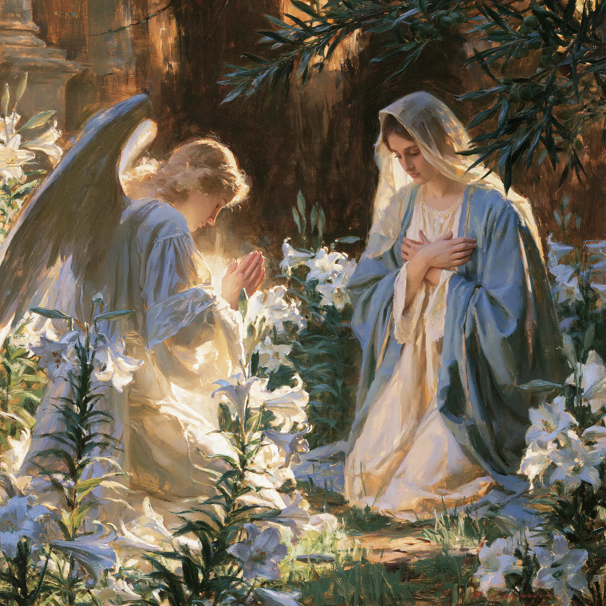 the Annunciation in a garden in The Annunciation in the Garden style, square Christian artwork no. 1