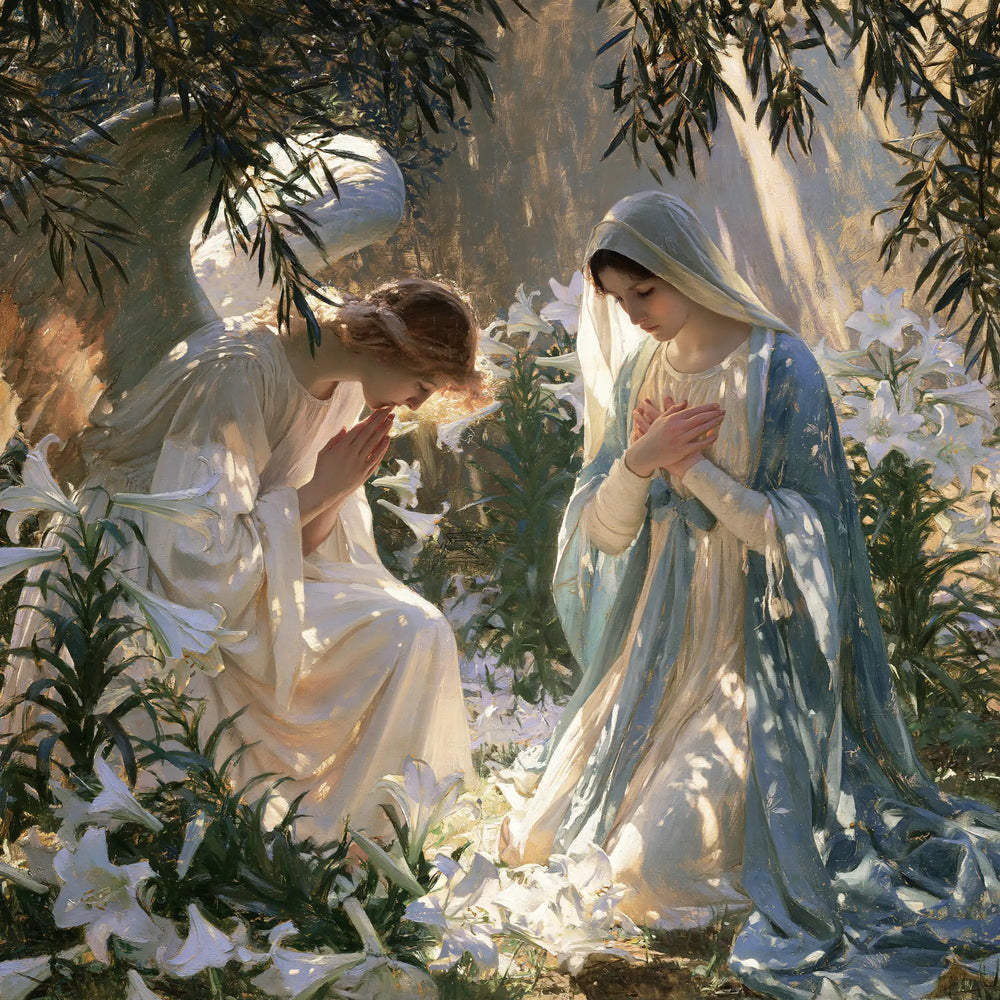 the Annunciation in a garden in The Annunciation in the Garden style, square Christian artwork no. 2