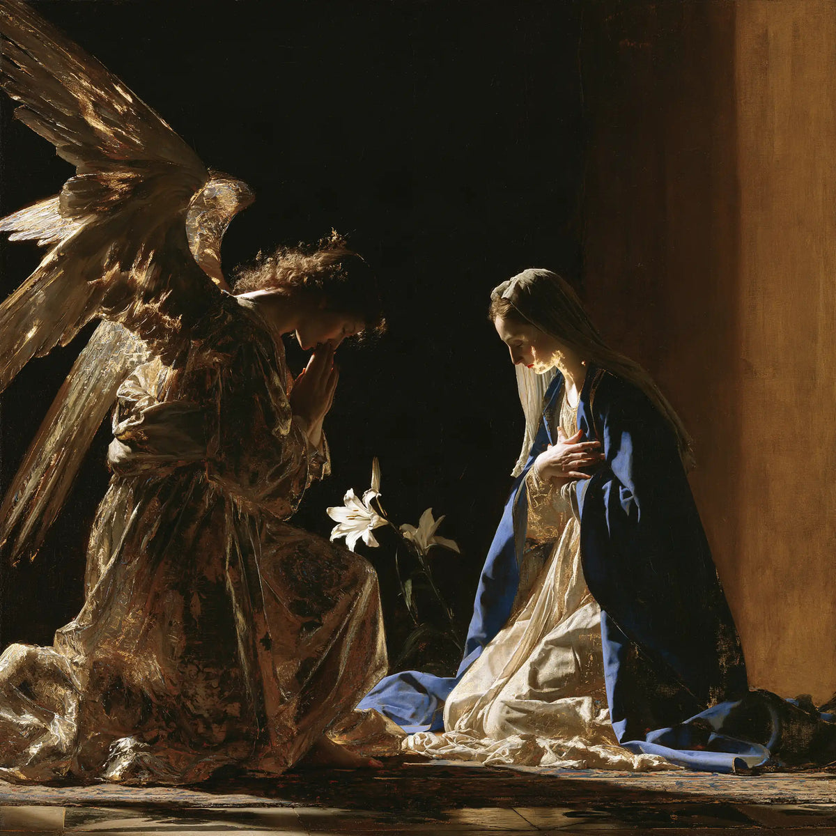 the Annunciation in black and gold in Black and Gold style, square Christian artwork no. 7