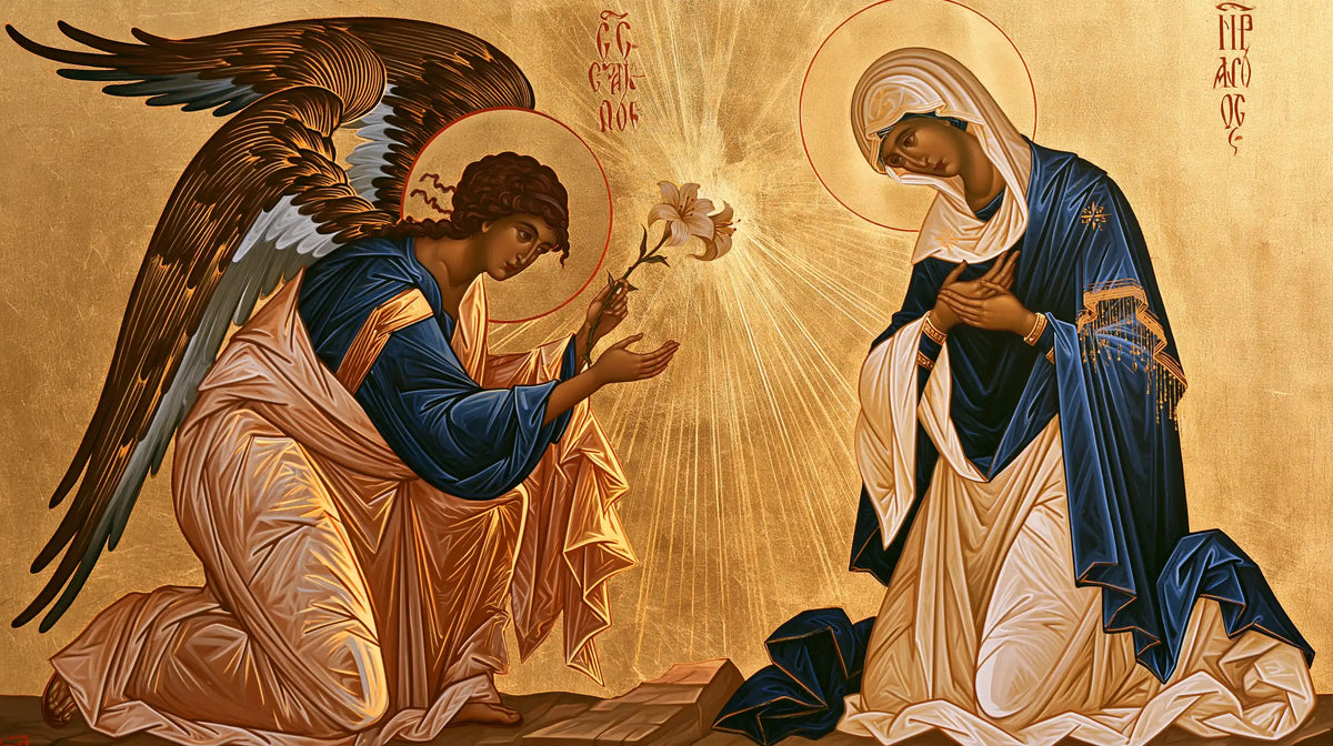 the Annunciation in a contemporary Byzantine icon in Contemporary Byzantine style, landscape Christian artwork no. 5