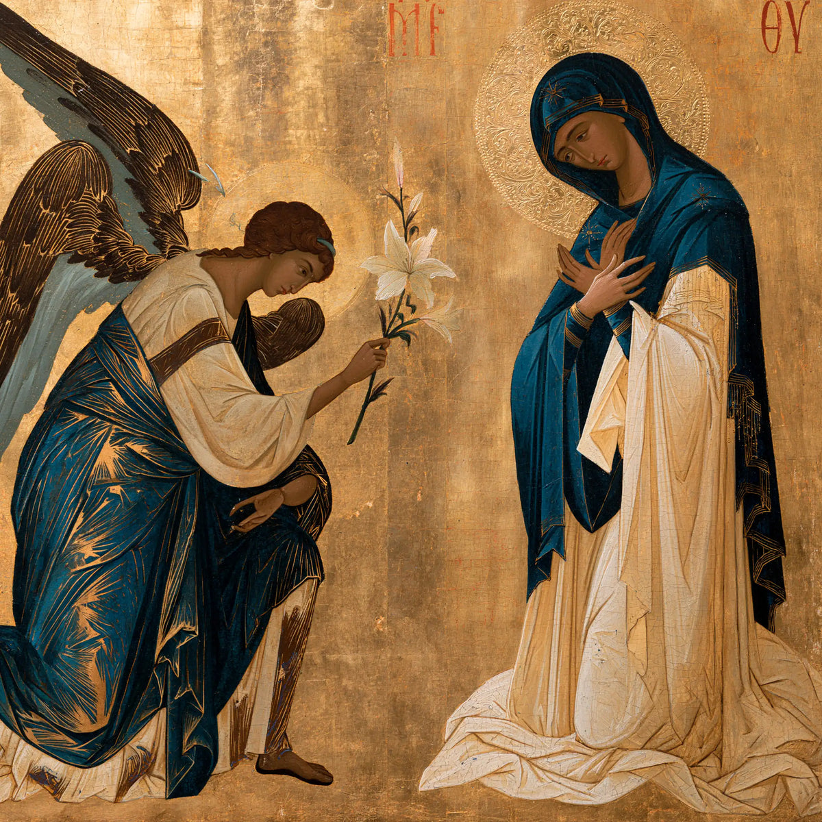 the Annunciation in a contemporary Byzantine icon in Contemporary Byzantine style, square Christian artwork no. 1