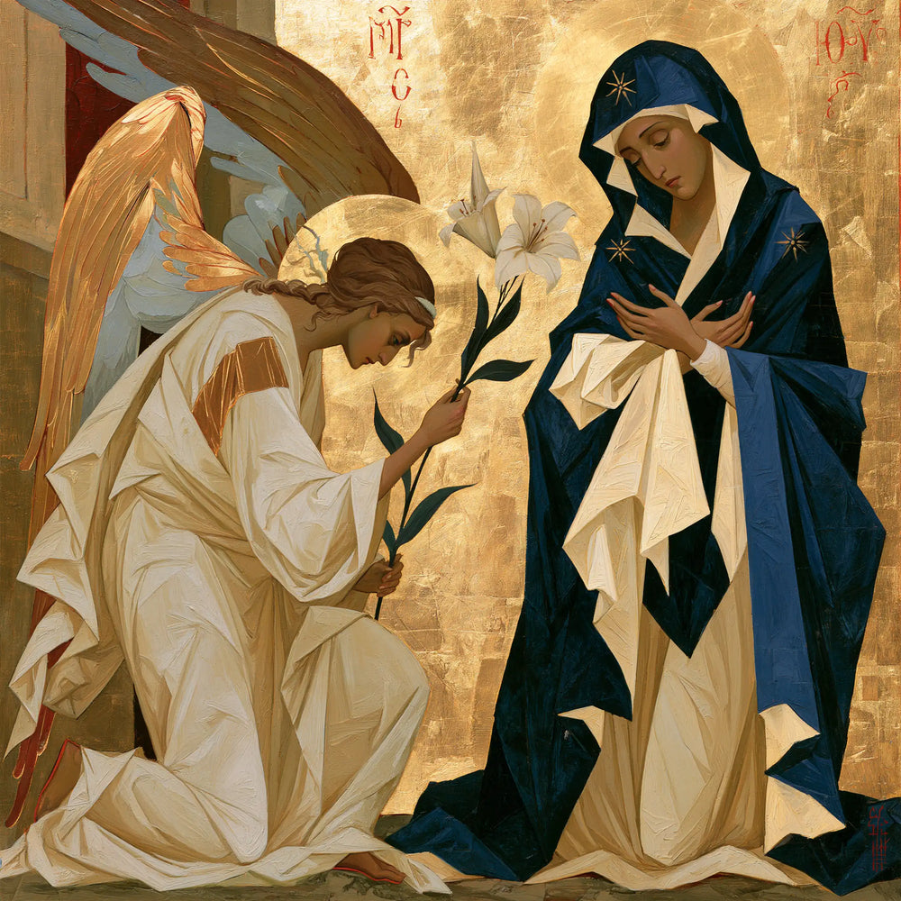 the Annunciation in a contemporary Byzantine icon in Contemporary Byzantine style, square Christian artwork no. 5