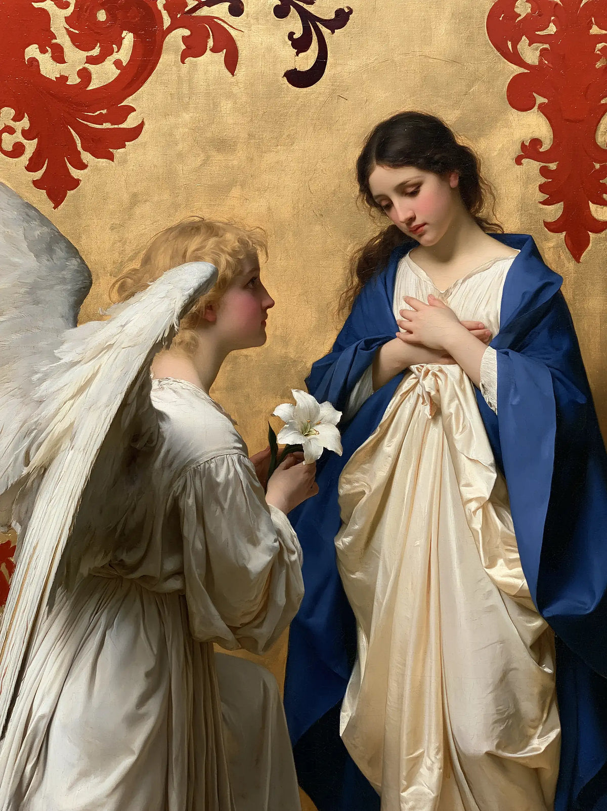 Annunciation before the Crimson Panel – Bouguereau-Inspired Academic Art · Portrait