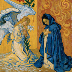 Annunciation beside Crimson Scrollwork – Post-Impressionist Art · Square