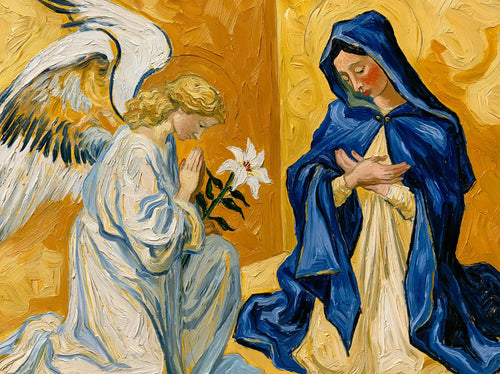 Gabriel approaching Mary with a lily beneath radiant gold strokes in a Post-Impressionist Annunciation landscape