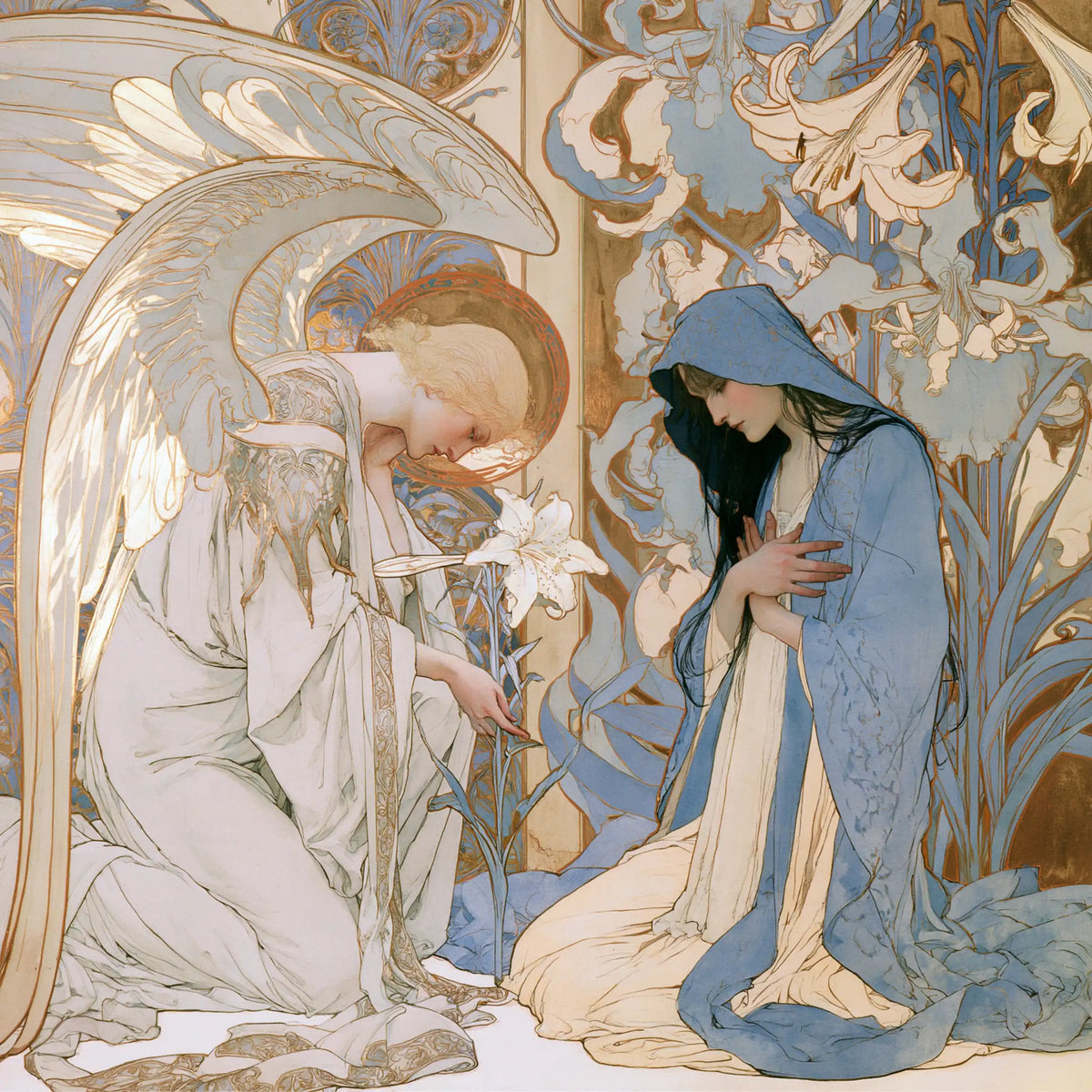 the Annunciation framed by sacred Art Nouveau ornament in Sacred Art Nouveau style, square Christian artwork no. 2