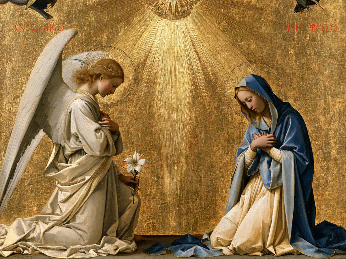 the Annunciation in sacred golden light in Sacred Gold style, landscape Christian artwork no. 5