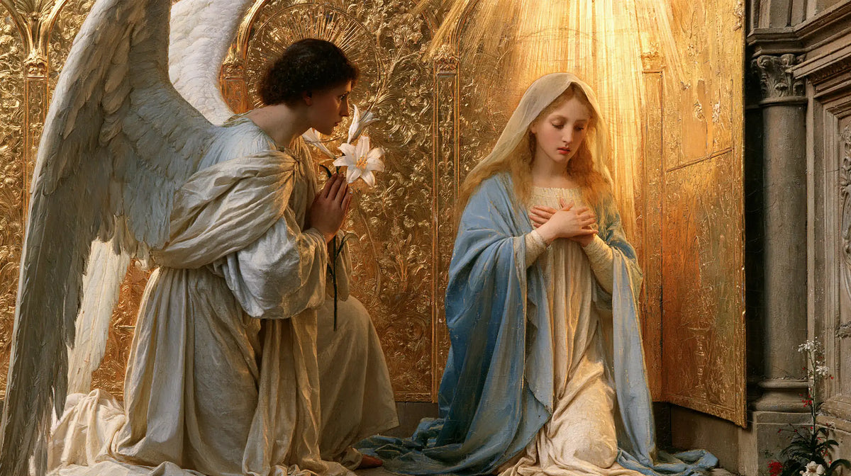 the Annunciation in sacred golden light in Sacred Gold style, landscape Christian artwork no. 15