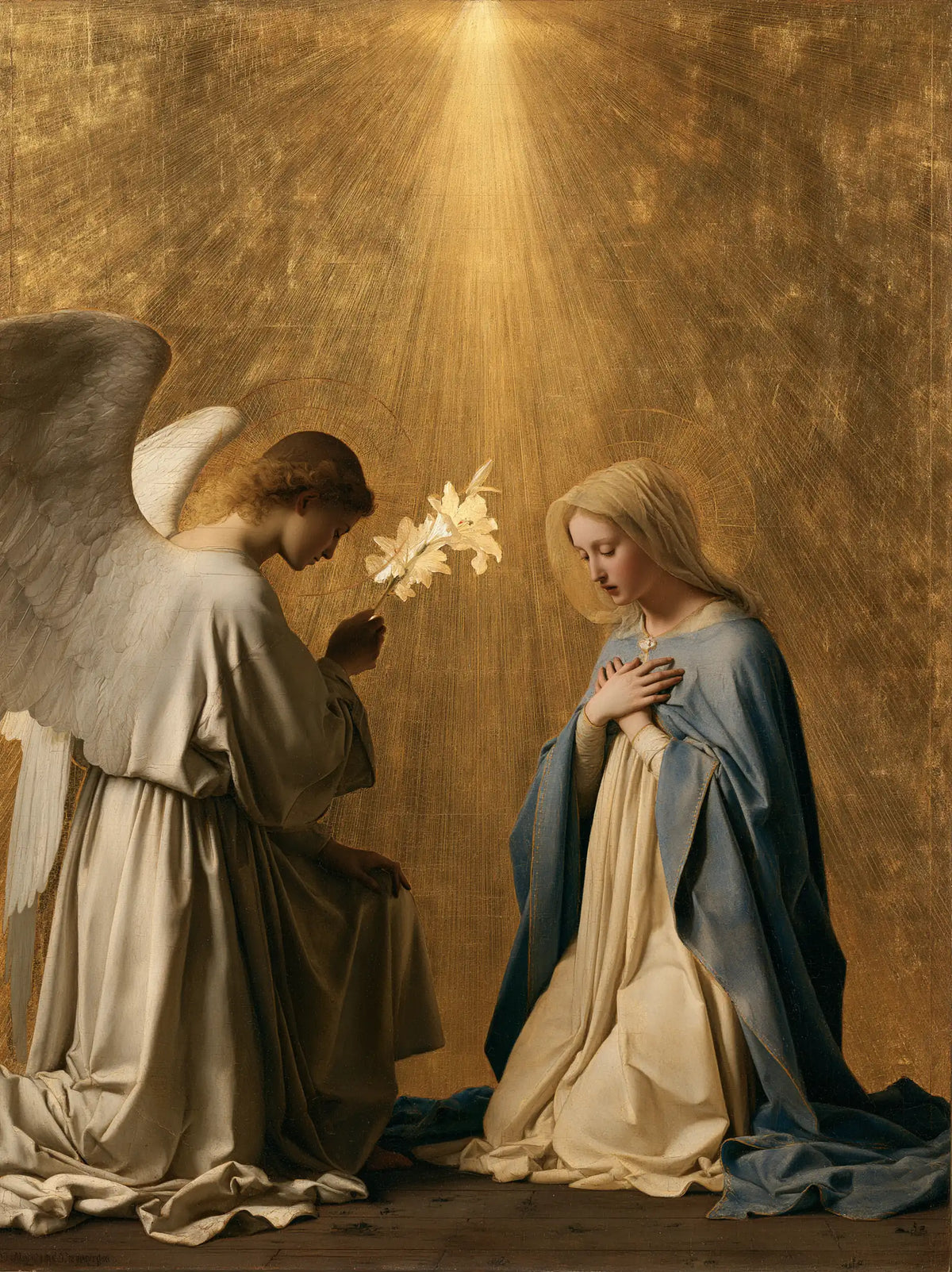 the Annunciation in sacred golden light in Sacred Gold style, portrait Christian artwork no. 11