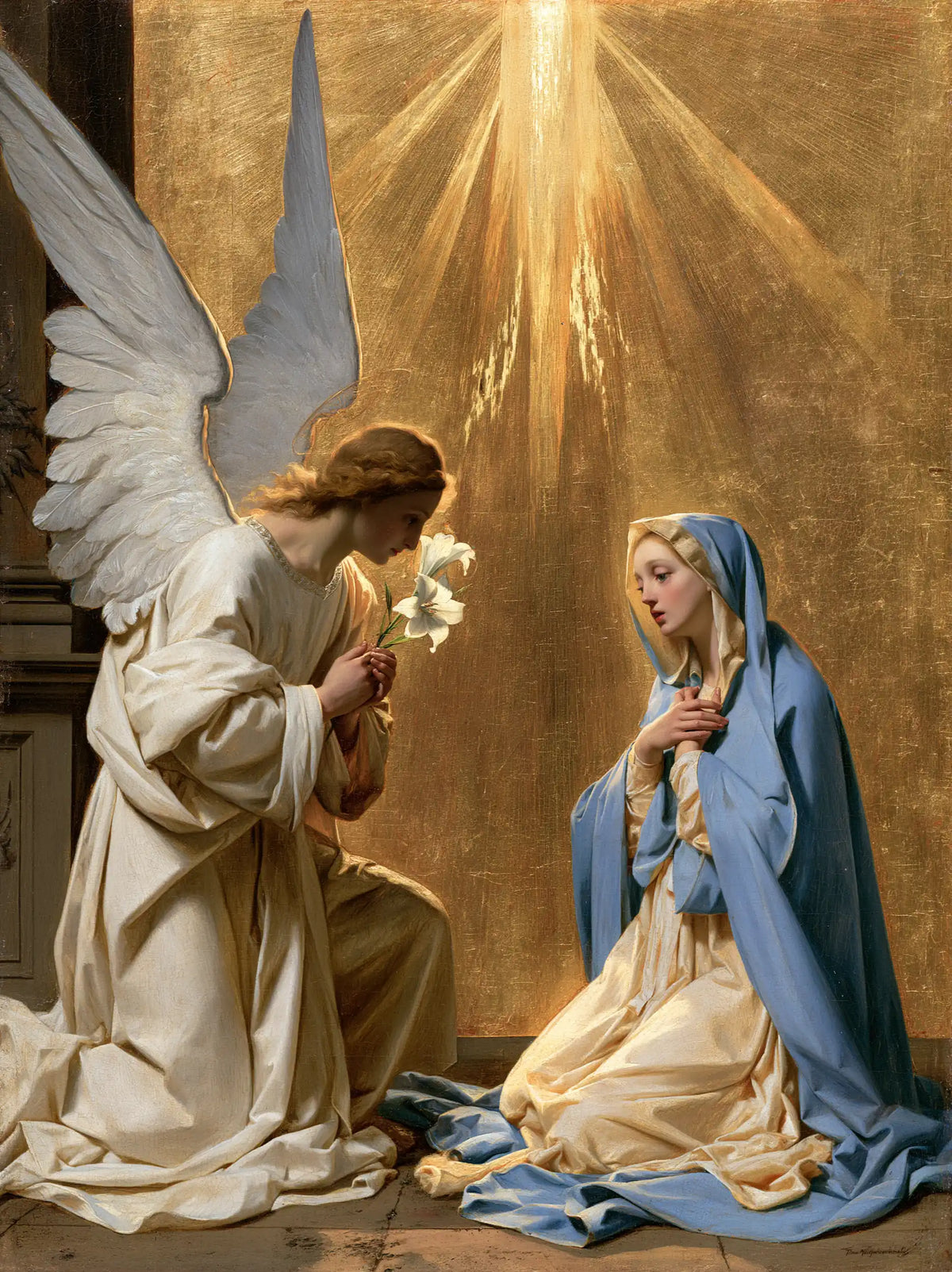 the Annunciation in sacred golden light in Sacred Gold style, portrait Christian artwork no. 12