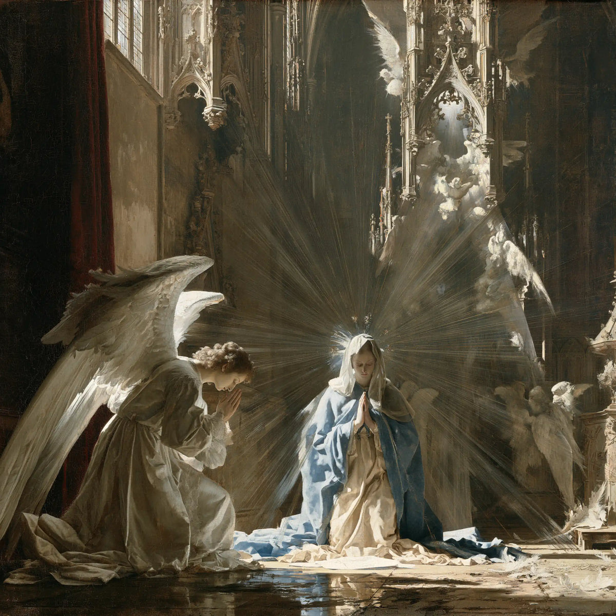 the Annunciation in a monumental sacred view in Sacred Monumental View style, square Christian artwork no. 6