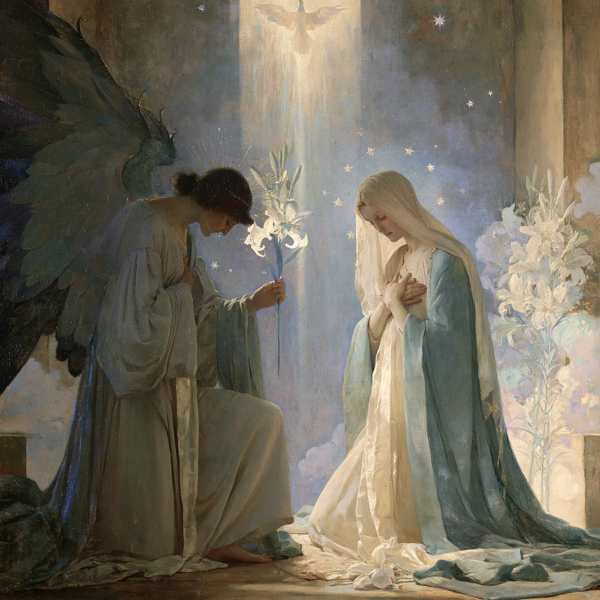 the Annunciation in a symbolist composition in Symbolist style, square Christian artwork no. 2