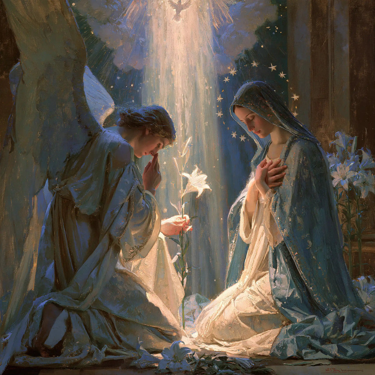 the Annunciation in a symbolist composition in Symbolist style, square Christian artwork no. 3