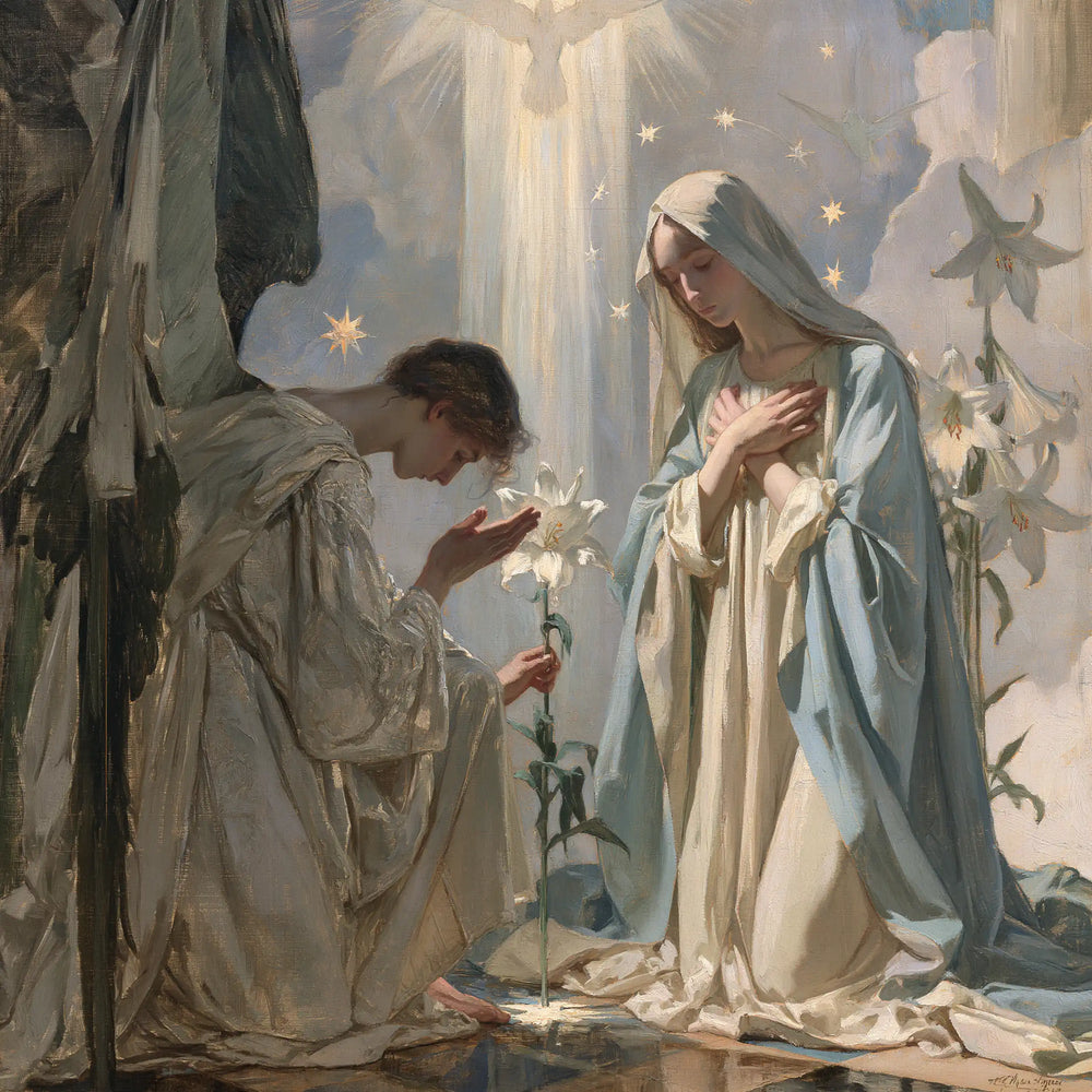 the Annunciation in a symbolist composition in Symbolist style, square Christian artwork no. 9