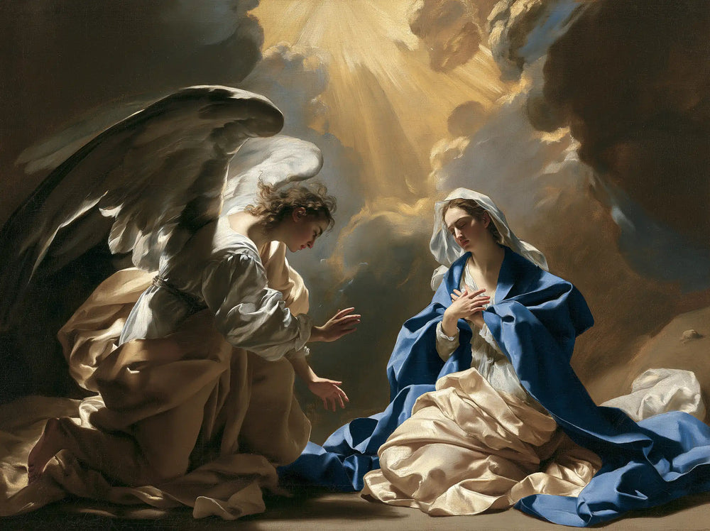 the Annunciation in a theatrical Baroque scene in Theatrical Baroque style, landscape Christian artwork no. 5