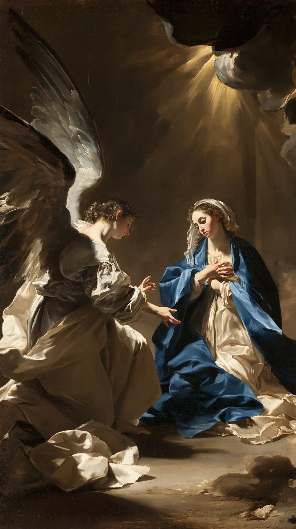 the Annunciation in a theatrical Baroque scene in Theatrical Baroque style, portrait Christian artwork no. 5