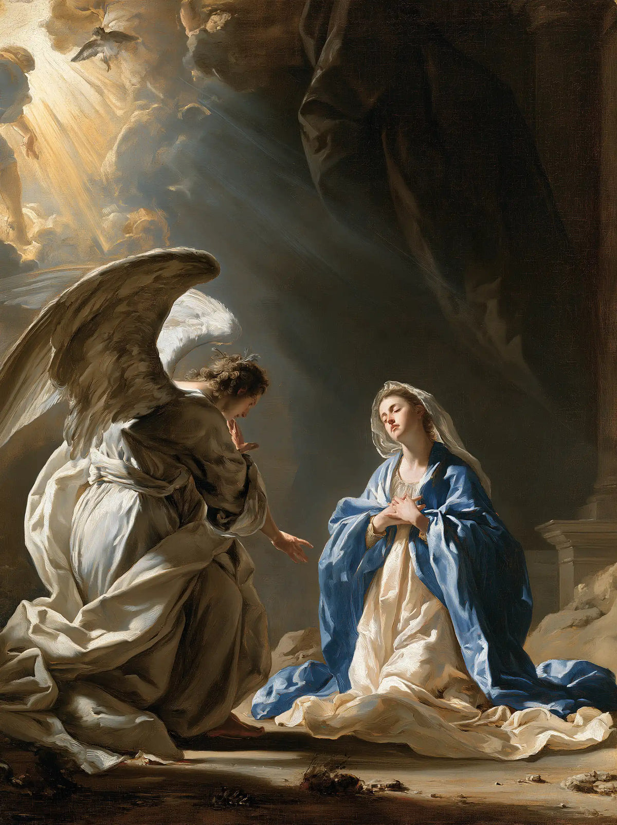 the Annunciation in a theatrical Baroque scene in Theatrical Baroque style, portrait Christian artwork no. 15