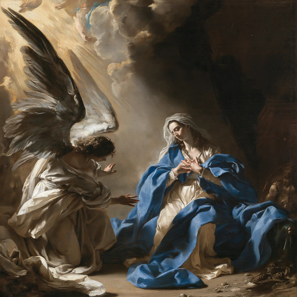 the Annunciation in a theatrical Baroque scene in Theatrical Baroque style, square Christian artwork no. 2