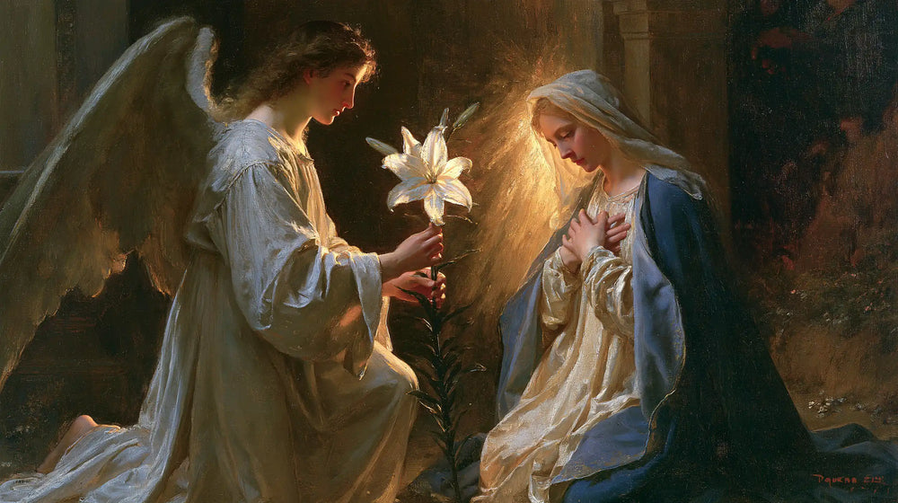 the Annunciation with the white lily as a central symbol in The White Lily as Symbol style, landscape Christian artwork no. 18