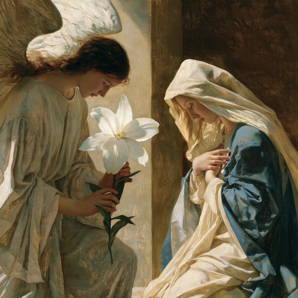 the Annunciation with the white lily as a central symbol in The White Lily as Symbol style, square Christian artwork no. 4