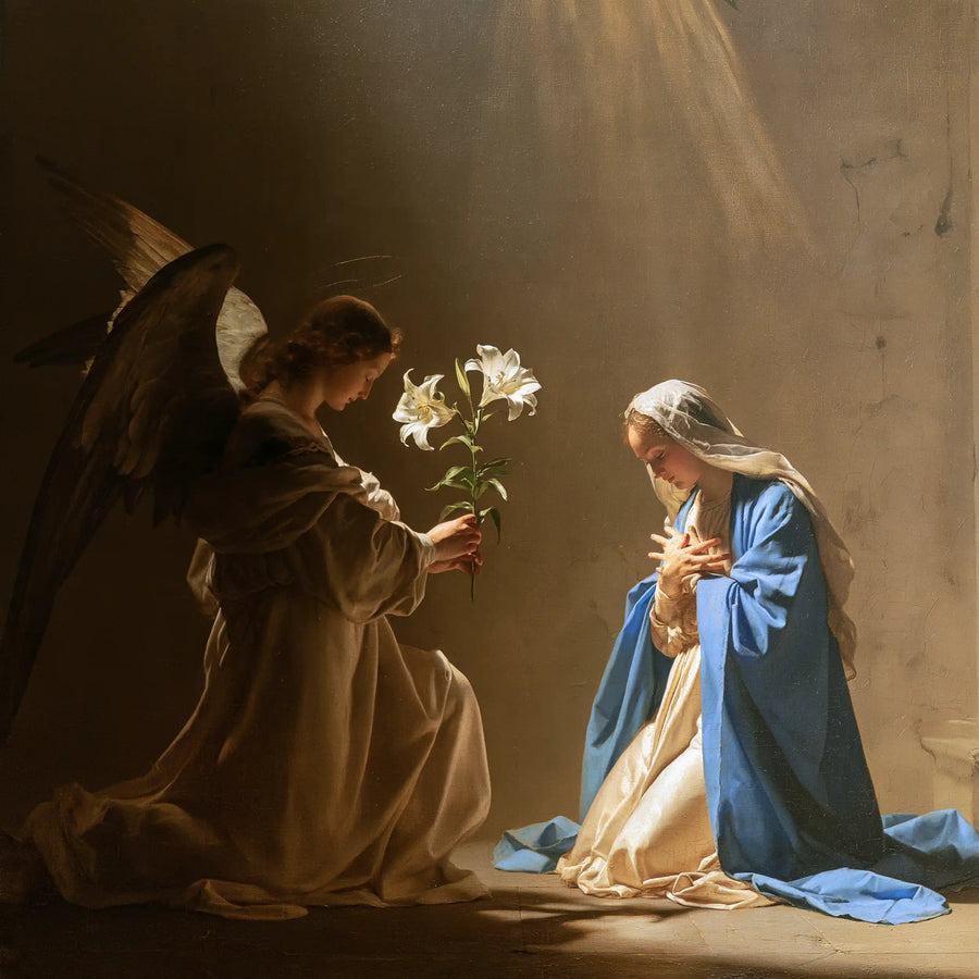 the Annunciation with the white lily as a central symbol in The White Lily as Symbol style, square Christian artwork no. 9
