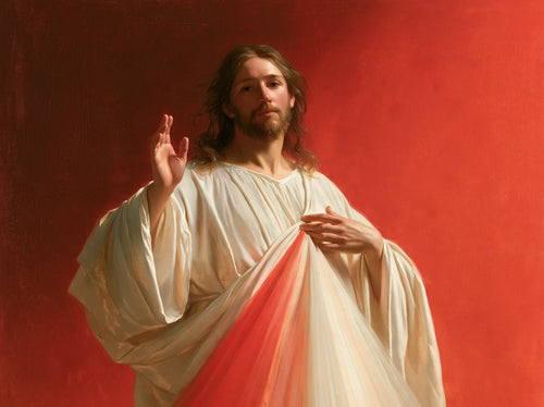 Divine Mercy Jesus giving a blessing in vermilion light, landscape original AI-generated Christian artwork