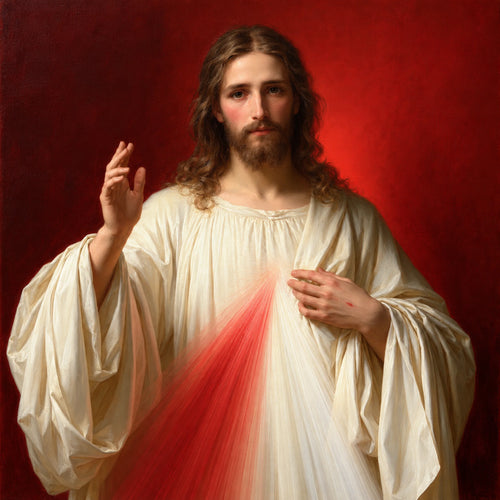 Divine Mercy Jesus blessing with rays on a scarlet background, square original AI-generated Christian artwork