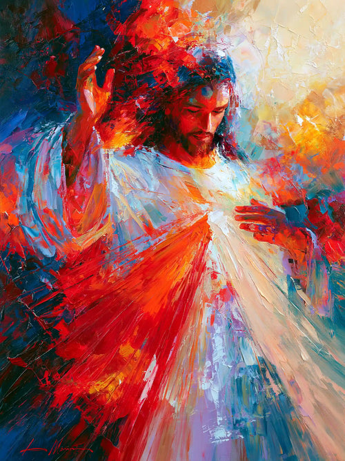 Jesus as Divine Mercy with red and pale rays, expressionist portrait Christian artwork