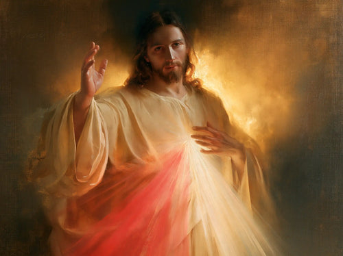 Divine Mercy Jesus raising his hand in blessing in Jesus Blessing style, landscape Christian artwork no. 1