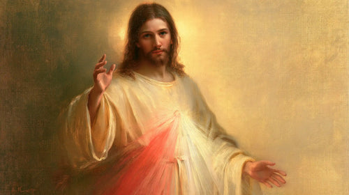 Divine Mercy Jesus welcoming the faithful in Jesus Welcoming the Faithful style, landscape Christian artwork no. 5