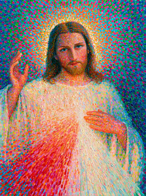 Jesus as Divine Mercy with red and pale rays, pointillist & neo-impressionist portrait Christian artwork