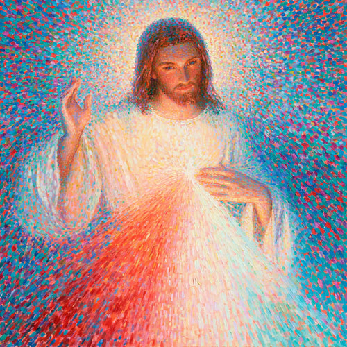 Jesus as Divine Mercy with red and pale rays, pointillist & neo-impressionist square Christian artwork