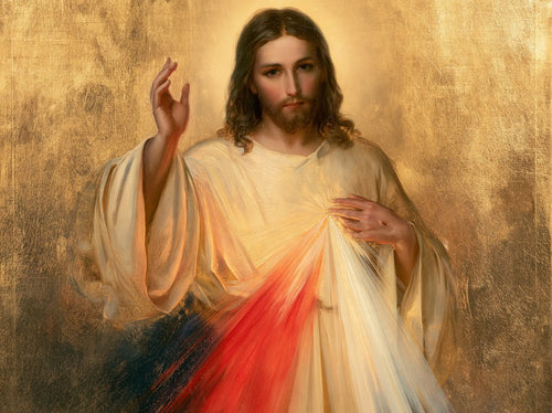 Divine Mercy Jesus in radiant golden light in Sacred Gold style, landscape Christian artwork no. 1