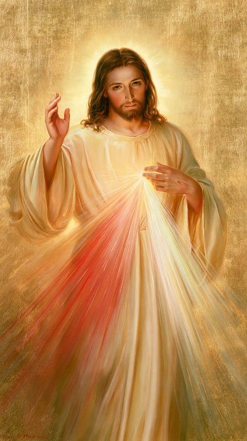 Divine Mercy Jesus in radiant golden light in Sacred Gold style, portrait Christian artwork no. 13
