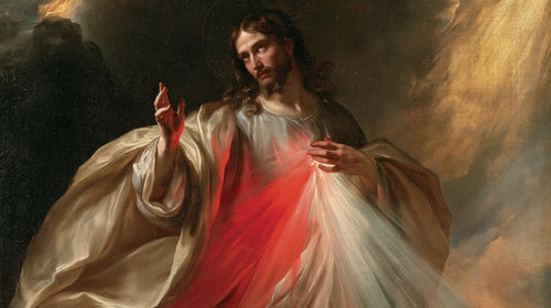 Divine Mercy Jesus in a theatrical Baroque scene in Theatrical Baroque style, landscape Christian artwork no. 4