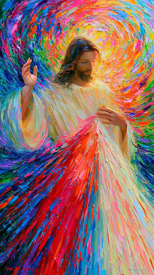 Jesus as Divine Mercy with red and pale rays, ultra-vibrant expressionism portrait Christian artwork