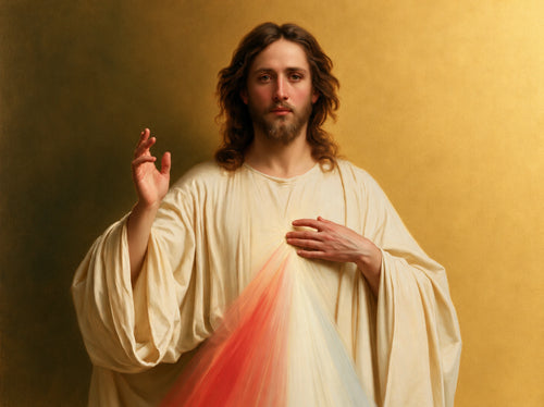A frontal Christ in warm gold light, blessing calmly while broad red and pale beams cross the lower robe, original Divine Mercy Jesus Christian artwork
