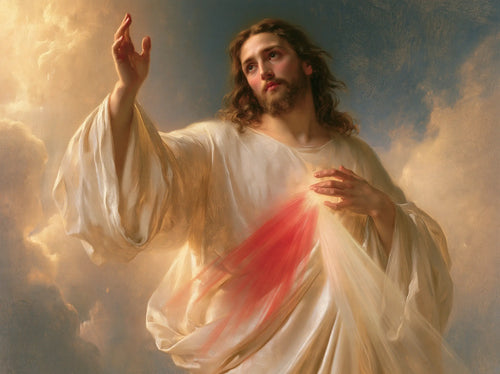 A close view of Christ raising his hand beneath billowing clouds, with the rays crossing the lower composition, original Divine Mercy Jesus Christian artwork