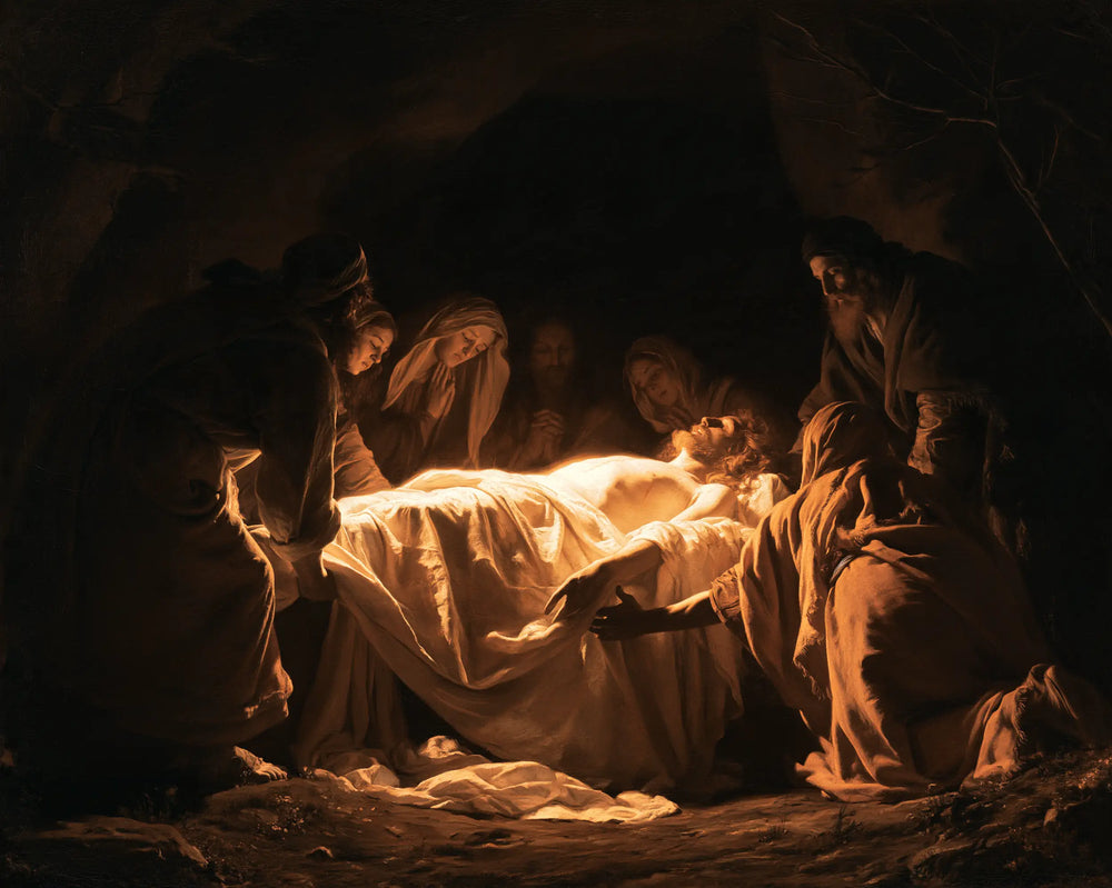 Entombment of Jesus Christ in Divine Light style, landscape Christian artwork no. 6