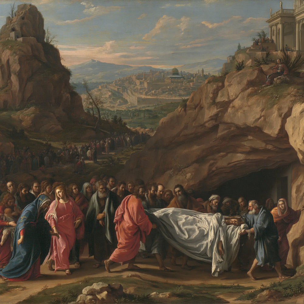 Entombment of Jesus Christ in Sacred Monumental View style, square Christian artwork no. 3