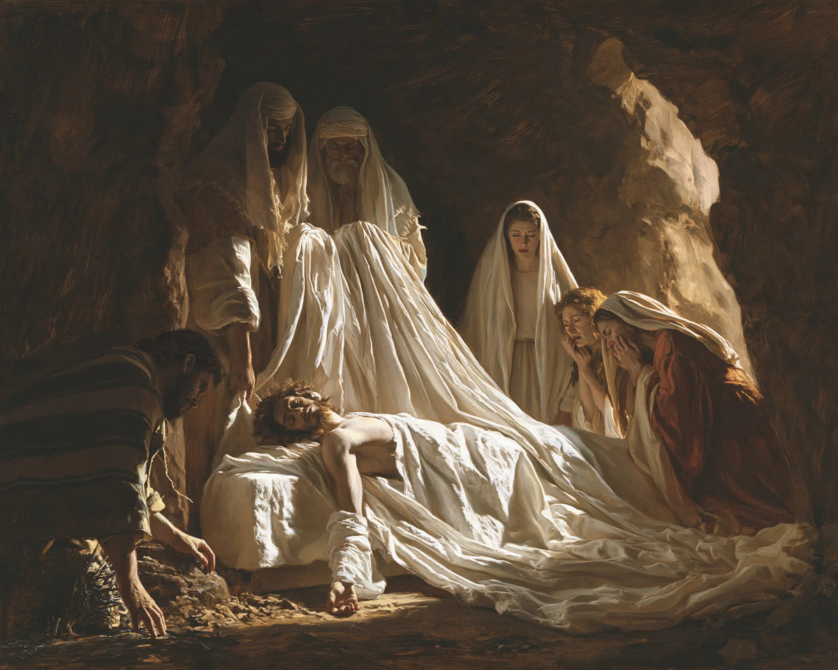 Entombment of Jesus Christ in Sacred Silence style, landscape Christian artwork no. 8
