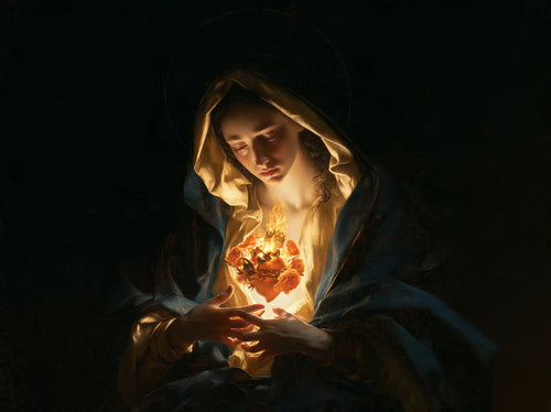 the Immaculate Heart of Mary in dramatic chiaroscuro in Caravaggio Tenebrism style, landscape Christian artwork no. 5