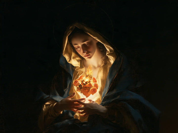 The Immaculate Heart of Mary — The Reflective Gaze upon Fiery Flowers