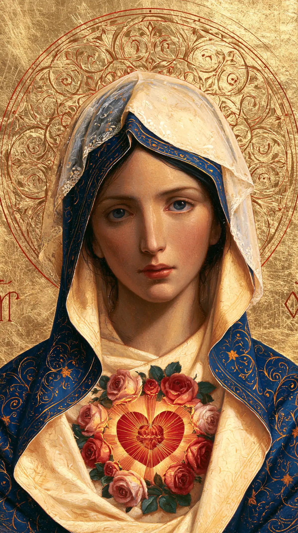 The Immaculate Heart of Mary — The Heart’s Rose Beneath the Engraved Halo