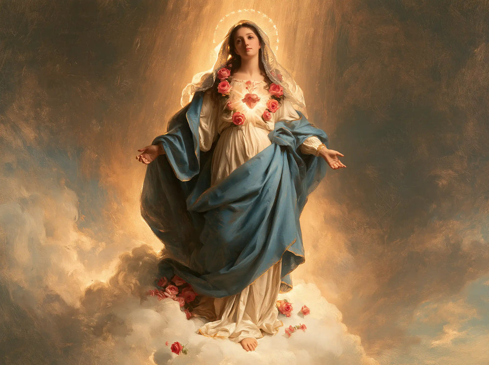 Mary upon the clouds with her Immaculate Heart in Mary upon the Clouds with the Immaculate Heart style, landscape Christian artwork no. 1