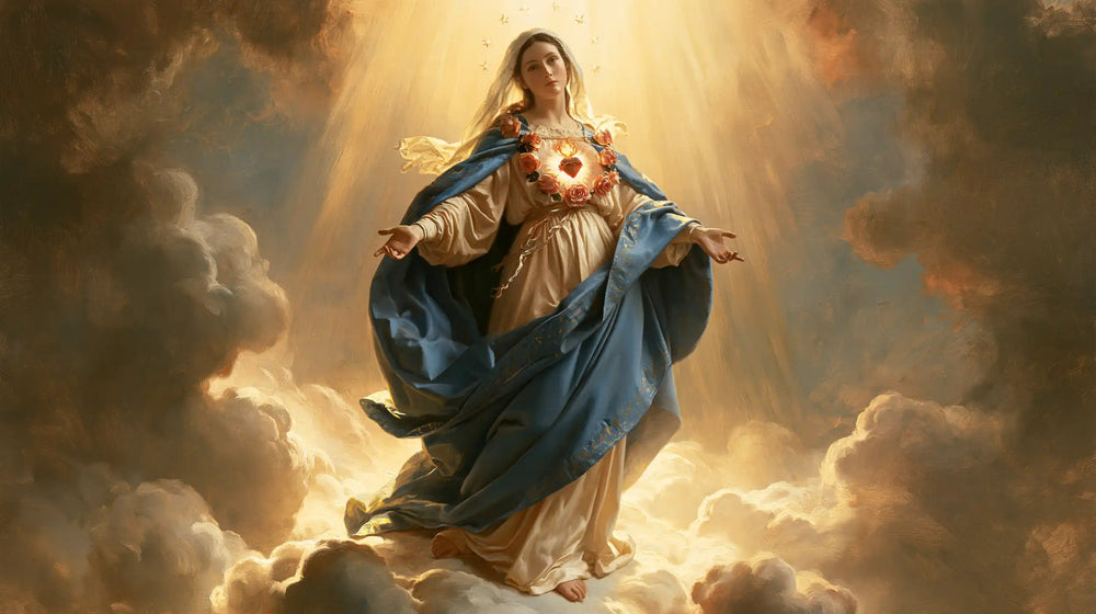 Mary upon the clouds with her Immaculate Heart in Mary upon the Clouds with the Immaculate Heart style, landscape Christian artwork no. 9
