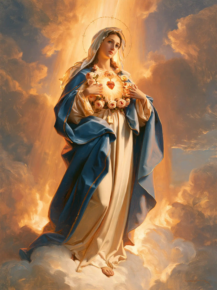 The Immaculate Heart of Mary — The Flowered Heart Between Raised Hands
