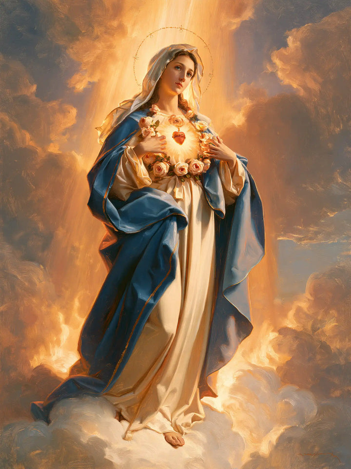 The Immaculate Heart of Mary — The Flowered Heart Between Raised Hands