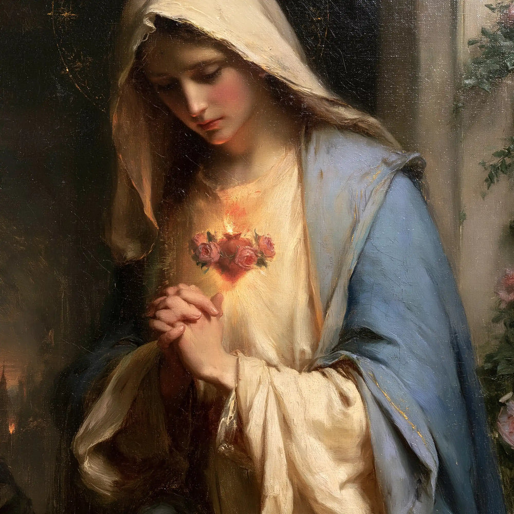 Mary praying with her Immaculate Heart in Mary in Prayer with the Immaculate Heart style, square Christian artwork no. 8