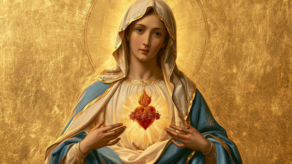 Mary revealing her Immaculate Heart in Sacred Gold style, landscape Christian artwork no. 20